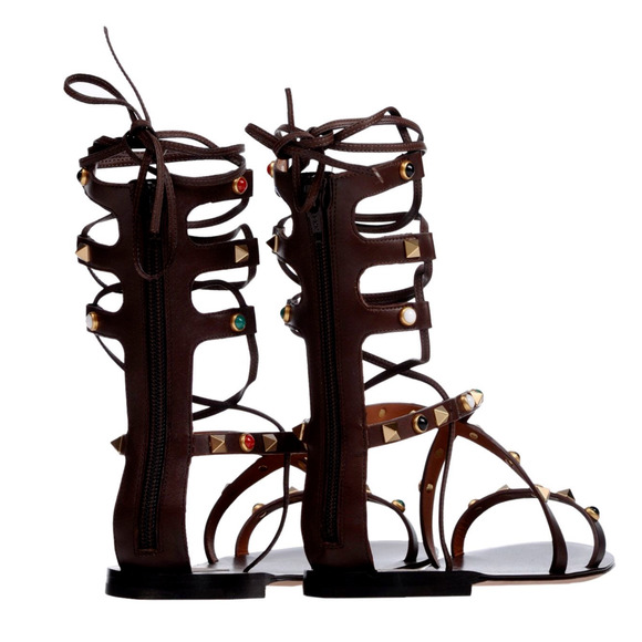 Valentino Rockstud Brown Beaded Strap Gladiator Lace Up Tie Ankle Flat Sandal 38 - Picture 10 of 12